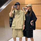 Solvbao  -  Harajuku Couples Summer Loose Cargo Sets Solid Color Tshirts Shorts Outdoor Casual Tracksuit Zipper Turtleneck Pockets T-shirt