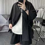 Solvbao  -  Told Tale Oversized Men's Shirts Black/White Harajuku Men Seven Sleeves Casual Shirt Tops Summer Daily Streetwear Man Blouse