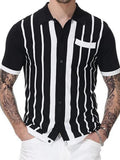 Solvbao Summer Short Sleeve Knitted Polo Shirt Casual Men Button-up Turn-down Collar Tops Mens Fashion Striped Polos Man Streetwear