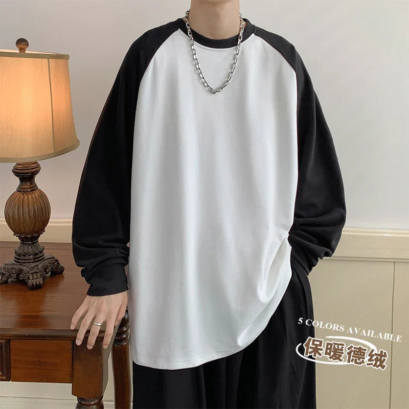 Solvbao  -  Winter Plush T Shirt Men Warm Oversized Casual Round Neck Tshirt Men Streetwear Korean Loose Long Sleeved T-shirt Mens Top S-3XL