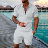 Solvbao Men's Polo Suit Fashion Men Sets Mens Solid Color Summer V-neck Zipper Short Sleeve POLO Shirt+Shorts Two Pieces Men Casual Suit