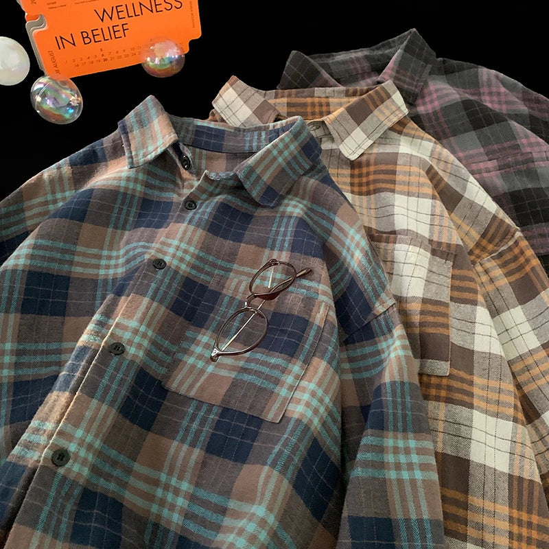 Solvbao  -  Korean Street Plaid Shirt Coat Men's Long Sleeve Turn Down Collar Casual Shirts Vintage College Style Unisex Fashion Clothing