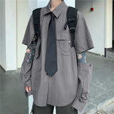 Solvbao Gray Shirts Women Harajuku Detachable Sleeve Oversized Bf Gothic Blouse with Tie Vintage Streetwear Punk Autumn Shirt