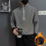 Solvbao  -  Fashion Stand Collar Zipper Printed Plaid Sweatshirts Mens Clothing Winter Loose Casual Tops All-match Warm Sweatshirts