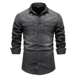 Solvbao  -  Denim Shirts Men Cotton Striped Stretch Long Sleeve Black Cargo Jean Shirt Quality Blouses Casual Slim Cowboy Shirts For Men