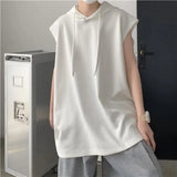 Solvbao  -  Men Summer sleeveless tops Hooded T Shirt Waffle Design Sense Sleeveless T-shirt Streetwear Casual Solid Loose Hooded Tank