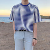 Solvbao  -  Men Summer New Korean Striped Short Sleeve T-shirt Men's Loose Round Neck Tee Shirts Male Cotton Casual Clothes Tops V29