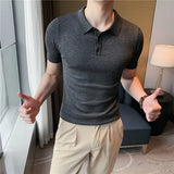 Solvbao  -    Summer New Men Short Sleeve Solid Polos Knitted T-Shirt Male British Style Slim Fit Business Formal Shirts L33