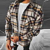 Solvbao Business Casual Plaid Print Wool Shirt Jacket Men  Spring Single Breasted Lapel Top Autumn Pocket Patchwork T-shirt Cardigan