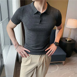 Solvbao  -    Summer New Men Short Sleeve Solid Polos Knitted T-Shirt Male British Style Slim Fit Business Formal Shirts L33