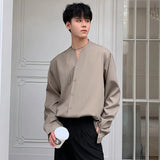 Solvbao  -  Fashion Streetwear Flat V-neck Loose Trend Long Sleeve Shirt Men's Khaki Long Sleeve Korean Tide Top Autumn New 2Y2282