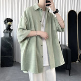 Solvbao  -  Summer Cool Men Short-sleeved Shirt Solid Color Fashion Plicated Casual Loose Button Shirt Male Clothing Tops