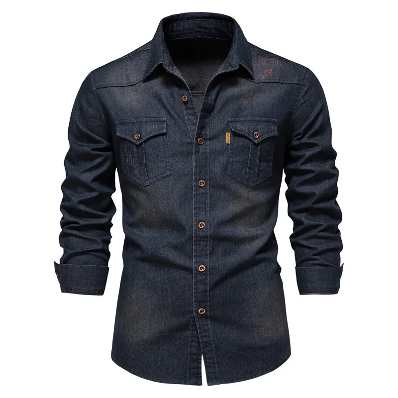 Solvbao  -  Spring Long Sleeve Men's Denim Shirt High Quality Cotton Elastic Casual Slim Fit Streetwear Clothing Cowboy Shirts Men Black