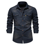 Solvbao  -  Spring Long Sleeve Men's Denim Shirt High Quality Cotton Elastic Casual Slim Fit Streetwear Clothing Cowboy Shirts Men Black