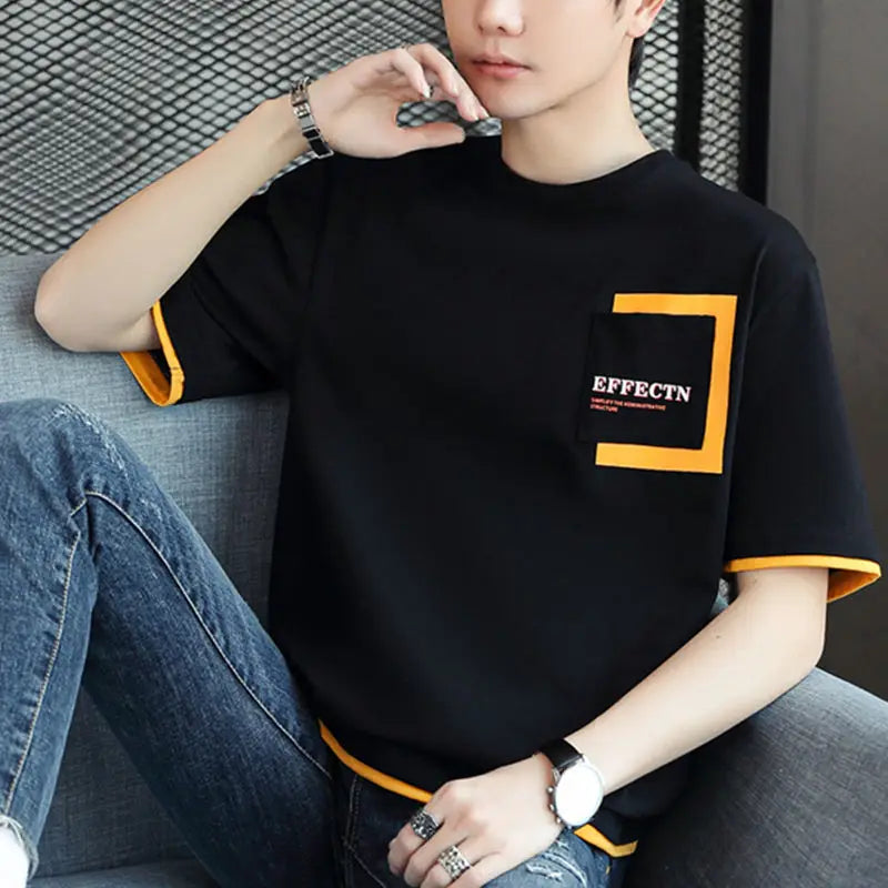 Solvbao  -  Fashion O-Neck Spliced Pockets Letter T-Shirt Men's Clothing Summer New Oversized Casual Pullovers Korean Tee Shirt