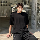 Solvbao  -  Spring New Men's Casual Solid Colour T-shirt Korean Style Simple Shoulder Pad Design Fashionable Slim Round Neck Tops