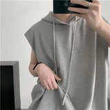 Solvbao  -  Men Summer sleeveless tops Hooded T Shirt Waffle Design Sense Sleeveless T-shirt Streetwear Casual Solid Loose Hooded Tank