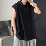 Solvbao  -  Men Summer sleeveless tops Hooded T Shirt Waffle Design Sense Sleeveless T-shirt Streetwear Casual Solid Loose Hooded Tank