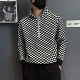 Solvbao  -  Fashion Stand Collar Zipper Printed Plaid Sweatshirts Mens Clothing Winter Loose Casual Tops All-match Warm Sweatshirts