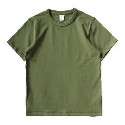 Solvbao  -  Summer Japanese Heavy Cotton T-shirt Men's Brushed Round Neck Thick Cotton Short-sleeved Khaki T-shirt