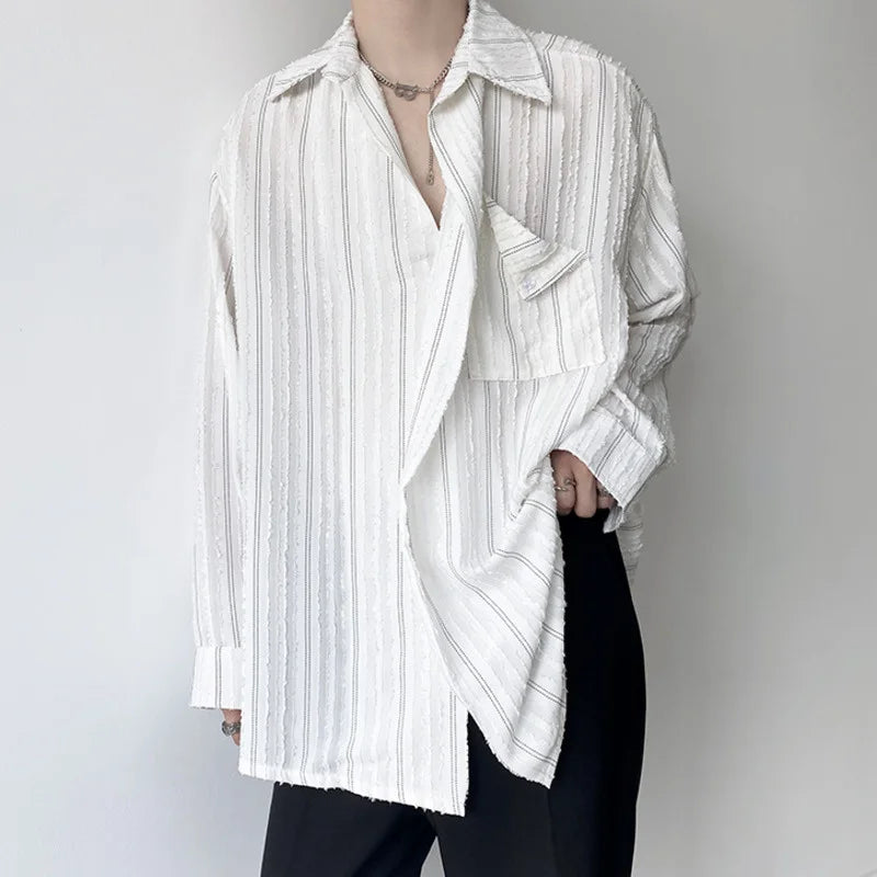 Solvbao  -  Korean Menswear Style Fashion Simple Striped Tops Men's New Loose Lapel Cardigan Long Sleeve Shirts Male Tide Spring