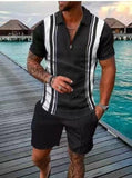 Solvbao Men's Polo Suit Fashion Men Sets Mens Solid Color Summer V-neck Zipper Short Sleeve POLO Shirt+Shorts Two Pieces Men Casual Suit