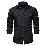 Solvbao  -  Spring Long Sleeve Men's Denim Shirt High Quality Cotton Elastic Casual Slim Fit Streetwear Clothing Cowboy Shirts Men Black