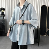 Solvbao  -  Summer Cool Men Short-sleeved Shirt Solid Color Fashion Plicated Casual Loose Button Shirt Male Clothing Tops