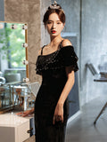 Solvbao Sexy Black Velvet Beaded Straps Slit Long Evening Dress, Black Formal Dress Party Dress