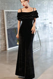 Solvbao Sexy Black Velvet Beaded Straps Slit Long Evening Dress, Black Formal Dress Party Dress