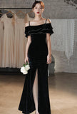 Solvbao Sexy Black Velvet Beaded Straps Slit Long Evening Dress, Black Formal Dress Party Dress