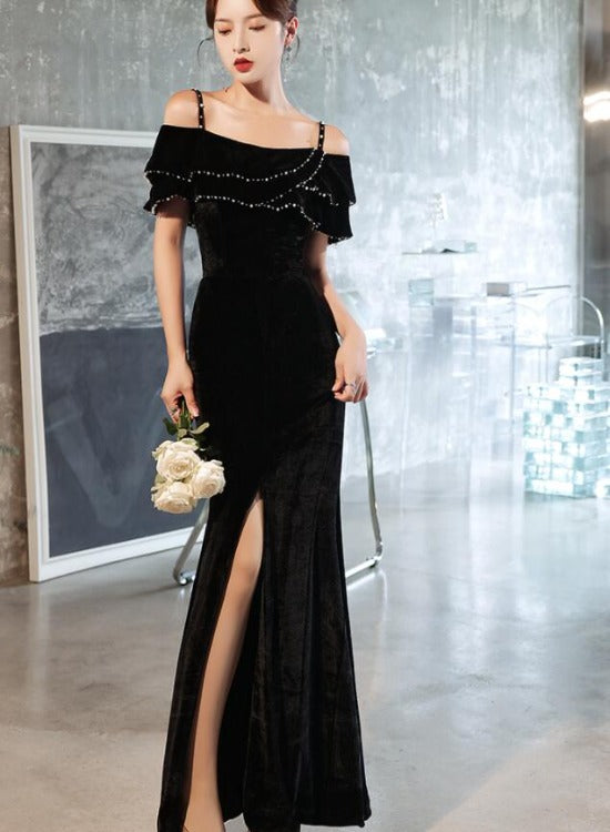 Solvbao Sexy Black Velvet Beaded Straps Slit Long Evening Dress, Black Formal Dress Party Dress