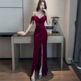 Solvbao Sexy Wine Red Velvet Mermaid Sweetheart Long Evening Dress, Off Shoulder Dark Red Party Dress