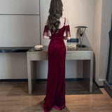 Solvbao Sexy Wine Red Velvet Mermaid Sweetheart Long Evening Dress, Off Shoulder Dark Red Party Dress