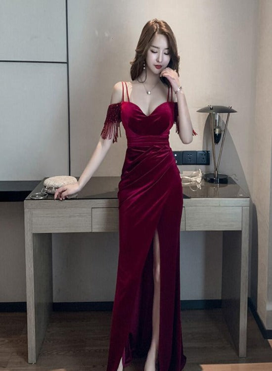 Solvbao Sexy Wine Red Velvet Mermaid Sweetheart Long Evening Dress, Off Shoulder Dark Red Party Dress