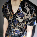 Solvbao Colorful Flowers Pattern Velvet Shirt Men Transparent Short Sleeve Sexy Shirt Social Club Outfits Party Men Designer Shirt