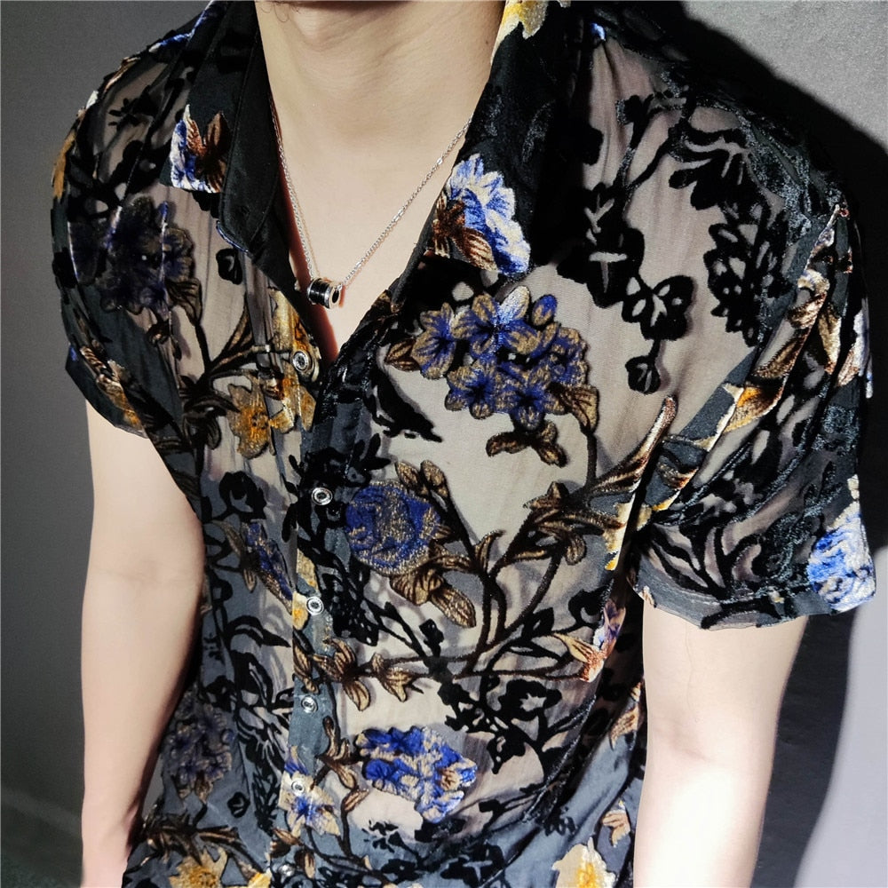 Solvbao Colorful Flowers Pattern Velvet Shirt Men Transparent Short Sleeve Sexy Shirt Social Club Outfits Party Men Designer Shirt