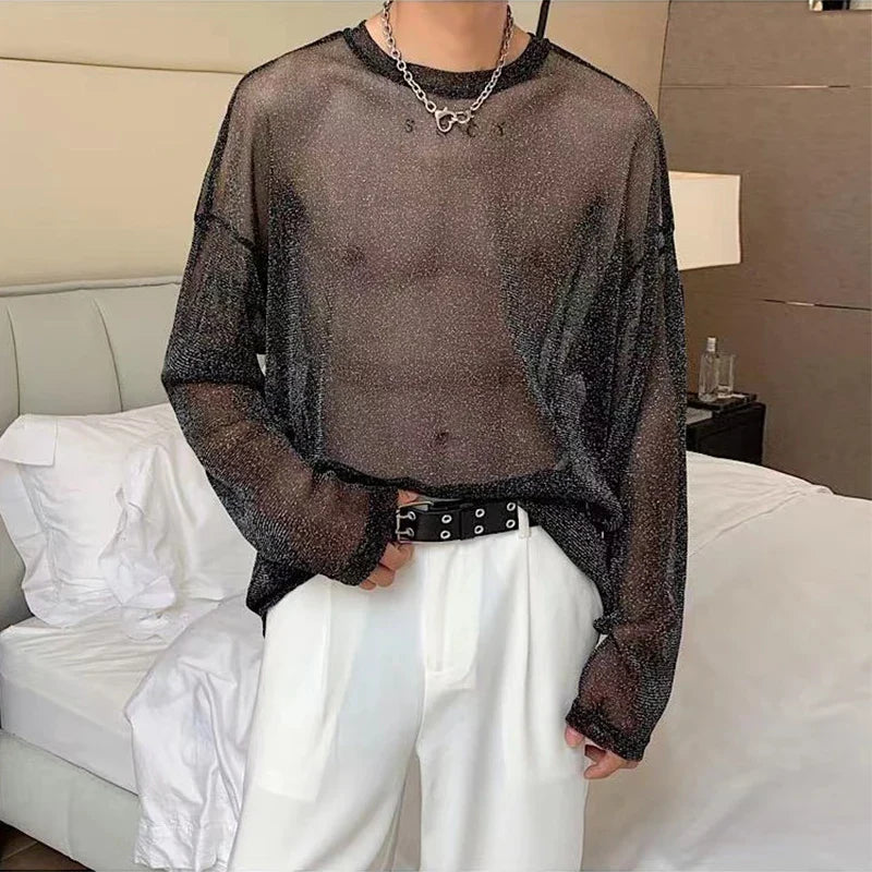 Solvbao  -  Tops Mens Sexy Transparent Glitter Mesh T Shirts Fashion Long Sleeve O Neck See Through Basic Tops Men Streetwear Tees