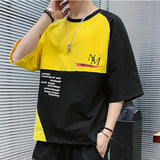 Solvbao  -  Fashion Loose Spliced Printed Letter Asymmetrical T-Shirt Men's Clothing Summer New Casual Pullovers All-match Tee Shirt