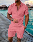 Solvbao Men's Polo Suit Fashion Men Sets Mens Solid Color Summer V-neck Zipper Short Sleeve POLO Shirt+Shorts Two Pieces Men Casual Suit