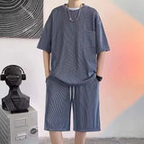 Solvbao  -  Ice Silk Breathable Men's Short-sleeved T Shirt Shorts Summer Thin Pocket Loose Drawstring Comfortable Soft Drape 2 Pcs Sets