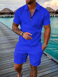 Solvbao Men's Polo Suit Fashion Men Sets Mens Solid Color Summer V-neck Zipper Short Sleeve POLO Shirt+Shorts Two Pieces Men Casual Suit