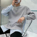 Solvbao  -  Fashion Loose Spliced Casual Striped T-Shirt Men's Clothing Autumn New All-match Pullovers Fake Two Pieces Tee Shirt