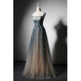 Solvbao Shiny Tulle Beaded Straps Floor Length Evening Dress Party Dress, A-line Long Formal Dress