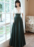 Solvbao A-line Satin Black and Green Long Party Dress, V-neckline Long Prom Dress Formal Dress