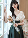 Solvbao A-line Satin Black and Green Long Party Dress, V-neckline Long Prom Dress Formal Dress