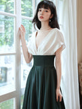 Solvbao A-line Satin Black and Green Long Party Dress, V-neckline Long Prom Dress Formal Dress