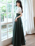 Solvbao A-line Satin Black and Green Long Party Dress, V-neckline Long Prom Dress Formal Dress