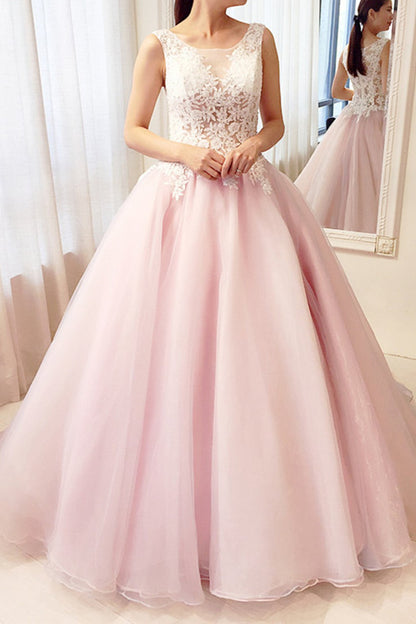 Solvbao A Line Pink Tulle See Through Long Sweet Prom Dress, Pink Round Neckline Lace Sweet 16 Gown