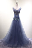 solvbao Beautiful Dark Blue Beaded V-neckline New Style Prom Dress , Long Formal Gowns, Prom Dresses